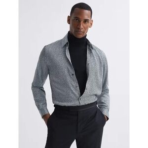 Reiss Tulum Shirt Men's M Dark Navy White Geometric Print Regular Fit Button Up